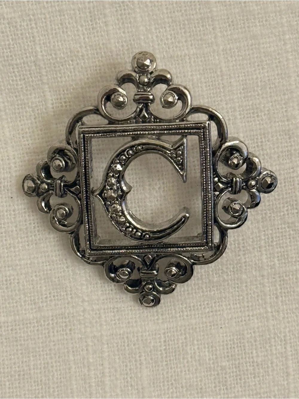 Vintage Avon 1991 Letter C Monogram Brooch Pin Silvertone Marcasite 1.5